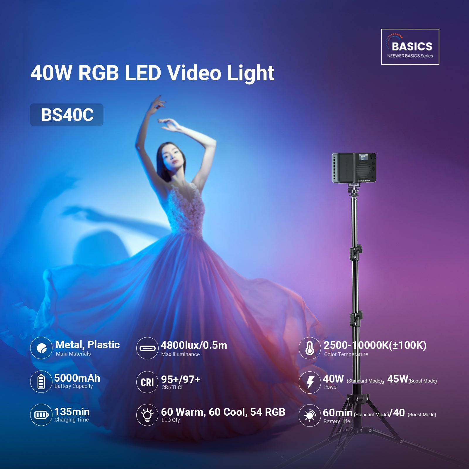 A girl in a skirt uses the NEEWER BS40C Magnetic RGB Video Light to illuminate her dance performance