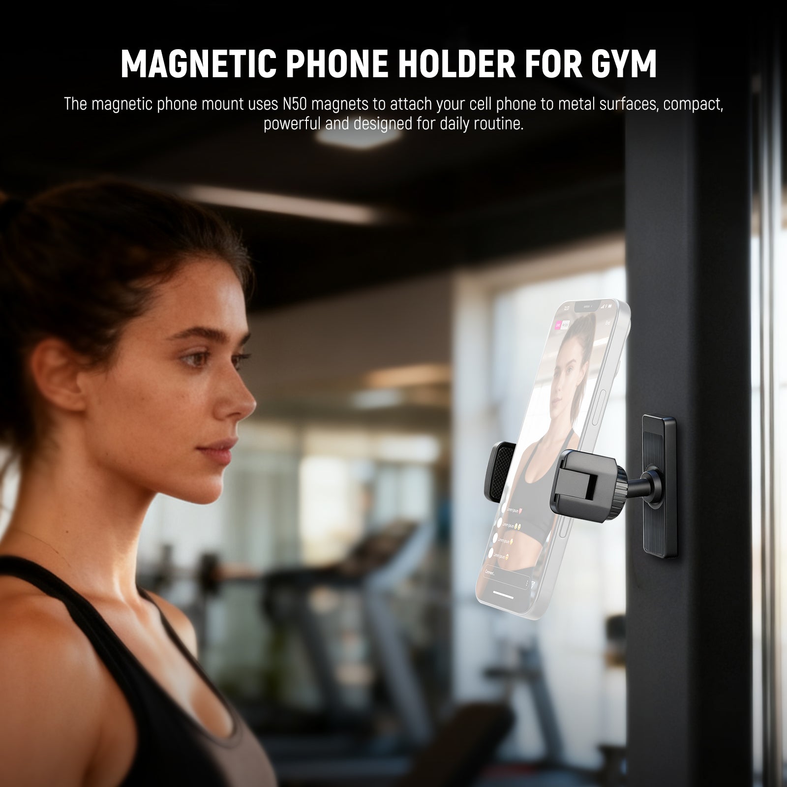 A girl is using the NEEWER PA119 magnetic phone holder mount in the Gym.