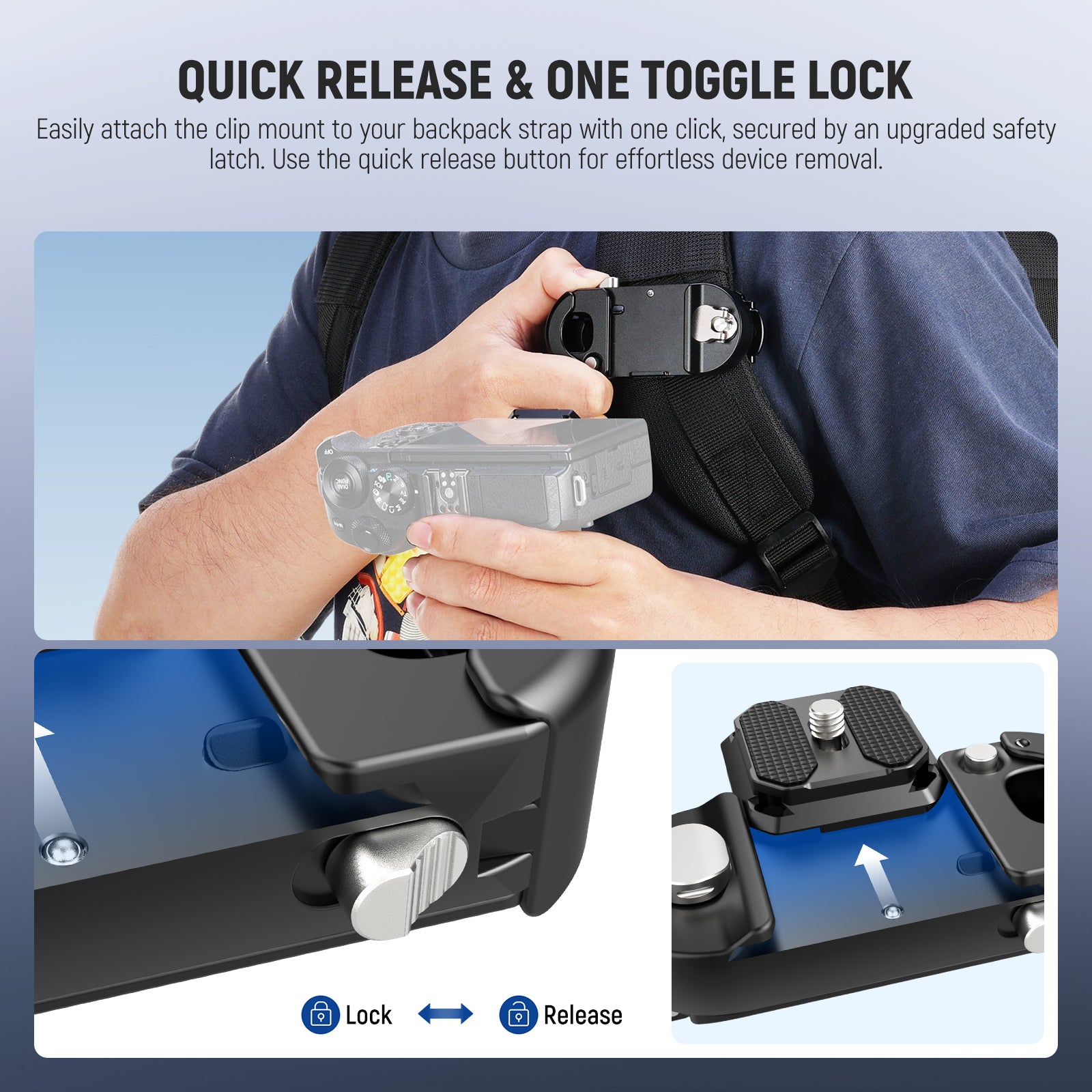 The clip mount easily attaches to the backpack strap with a simple click, and features an upgraded safety latch for added safety against accidental detachment.