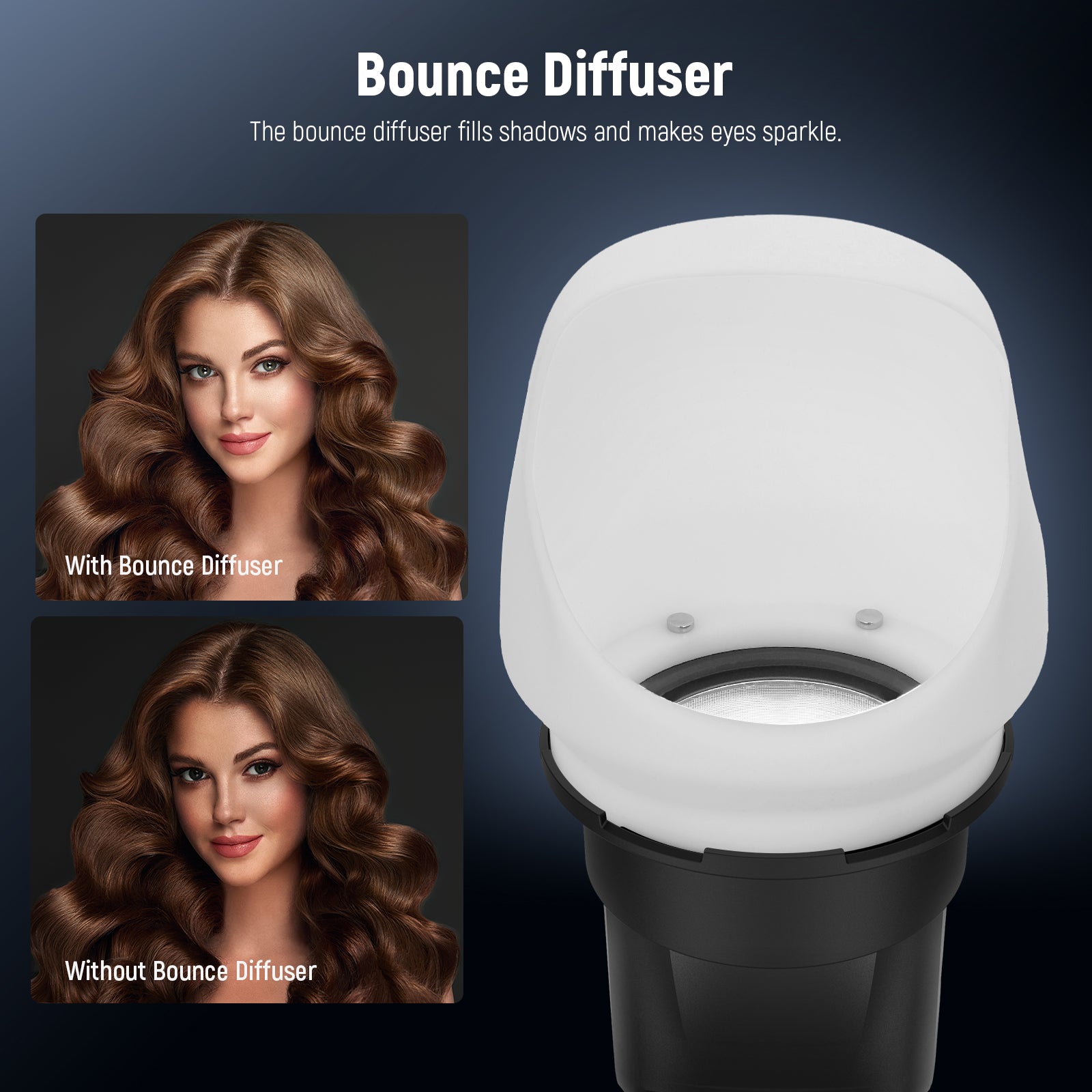 The bounce diffuser fills shadows and makes eyes sparkle.