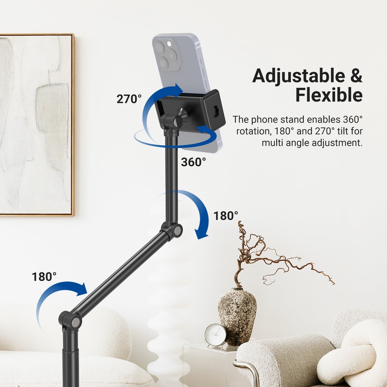 The phone stand enable 360-degree rotation, 180 degree and 270 degree tilt for multi angle adjustment.
