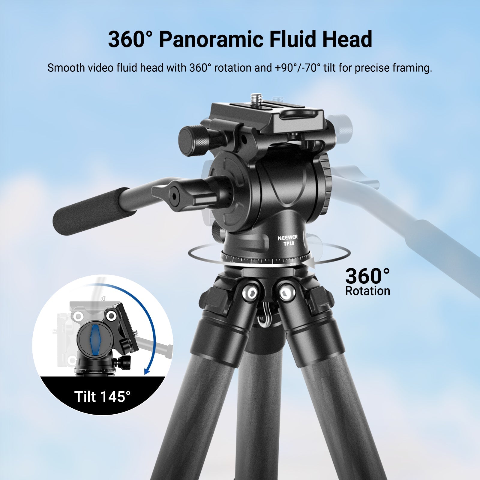 NEEWER TP10 fluid video tripod head supports 360° horizontal rotation and 145° vertical tilt for flexible camera framing during shooting