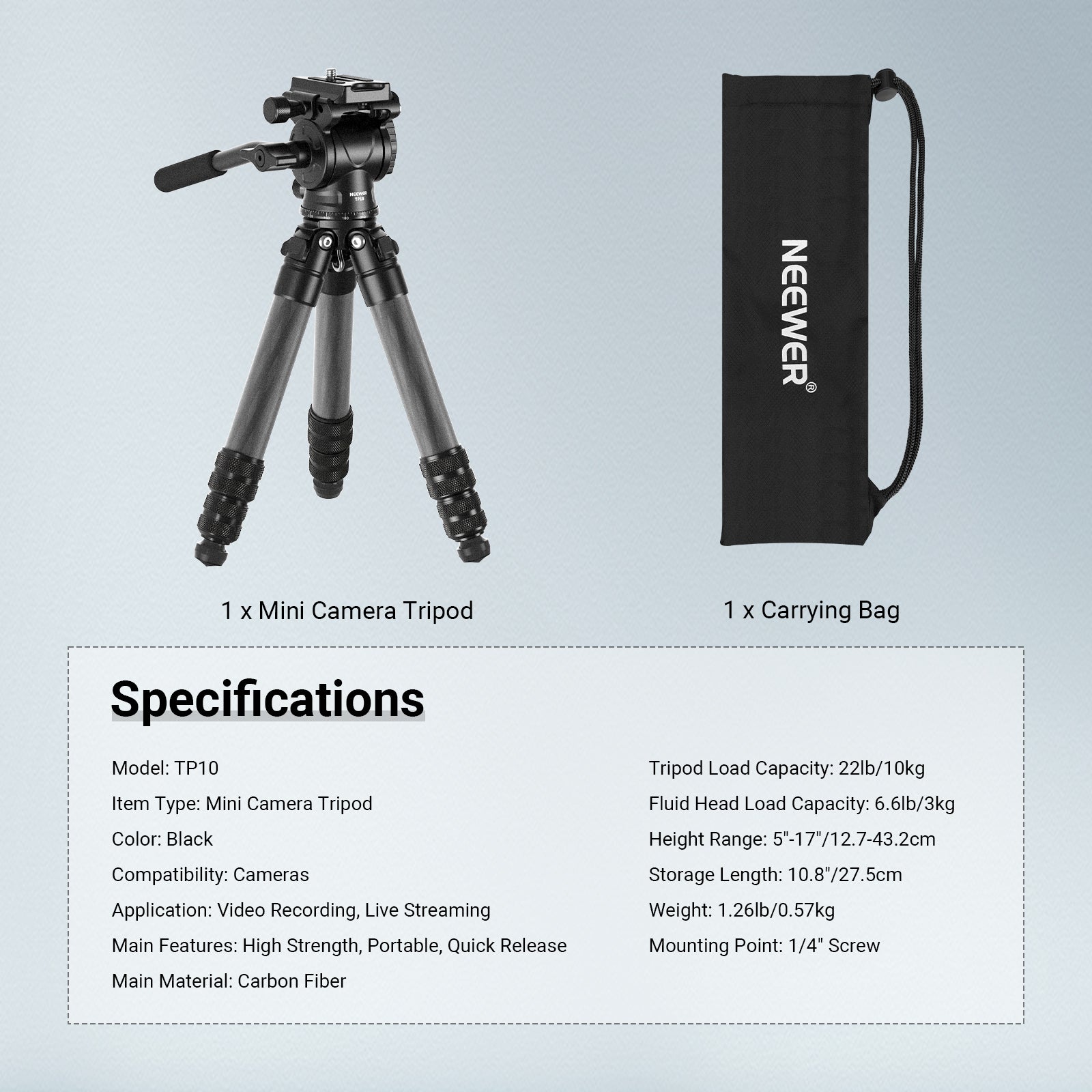 This package includes a mini camera tripod and a carrting bag.