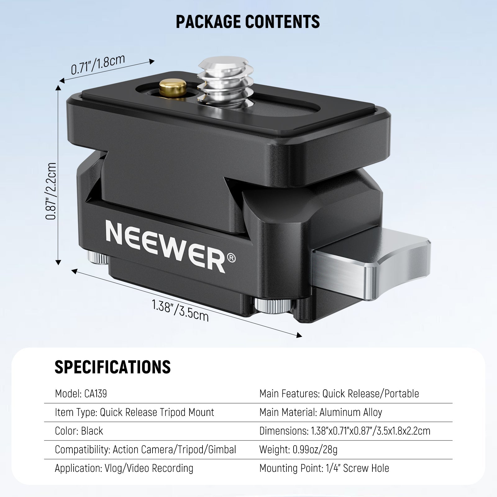 Specifications of the NEEWER CA139 Action Camera Quick Release Tripod Mount