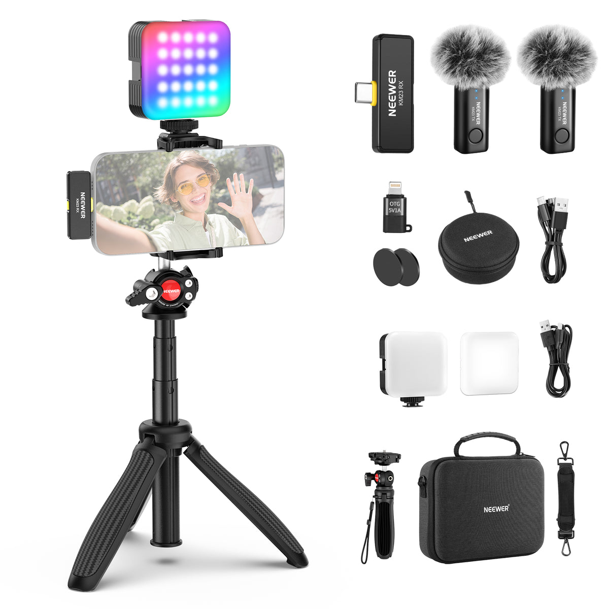 Kit Vlogging NEEWER PA048 - Lumière LED RGB, Micro Cravate Sans Fil KM23, Trépied Perche à Selfie - Pour IPhone, Android, YouTube, TikTok