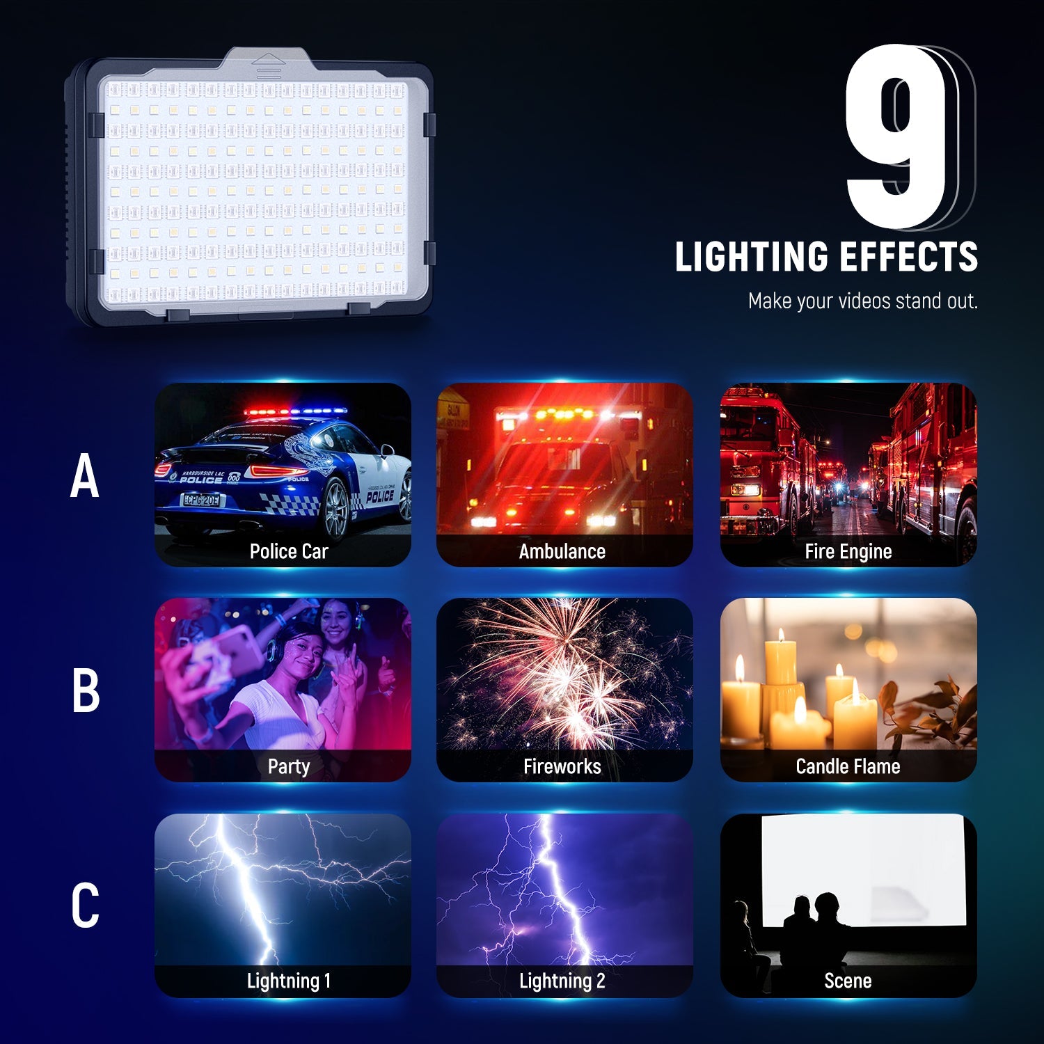 NEEWER RGB176 LED Camera Panel Light offers 9 lighting effects.