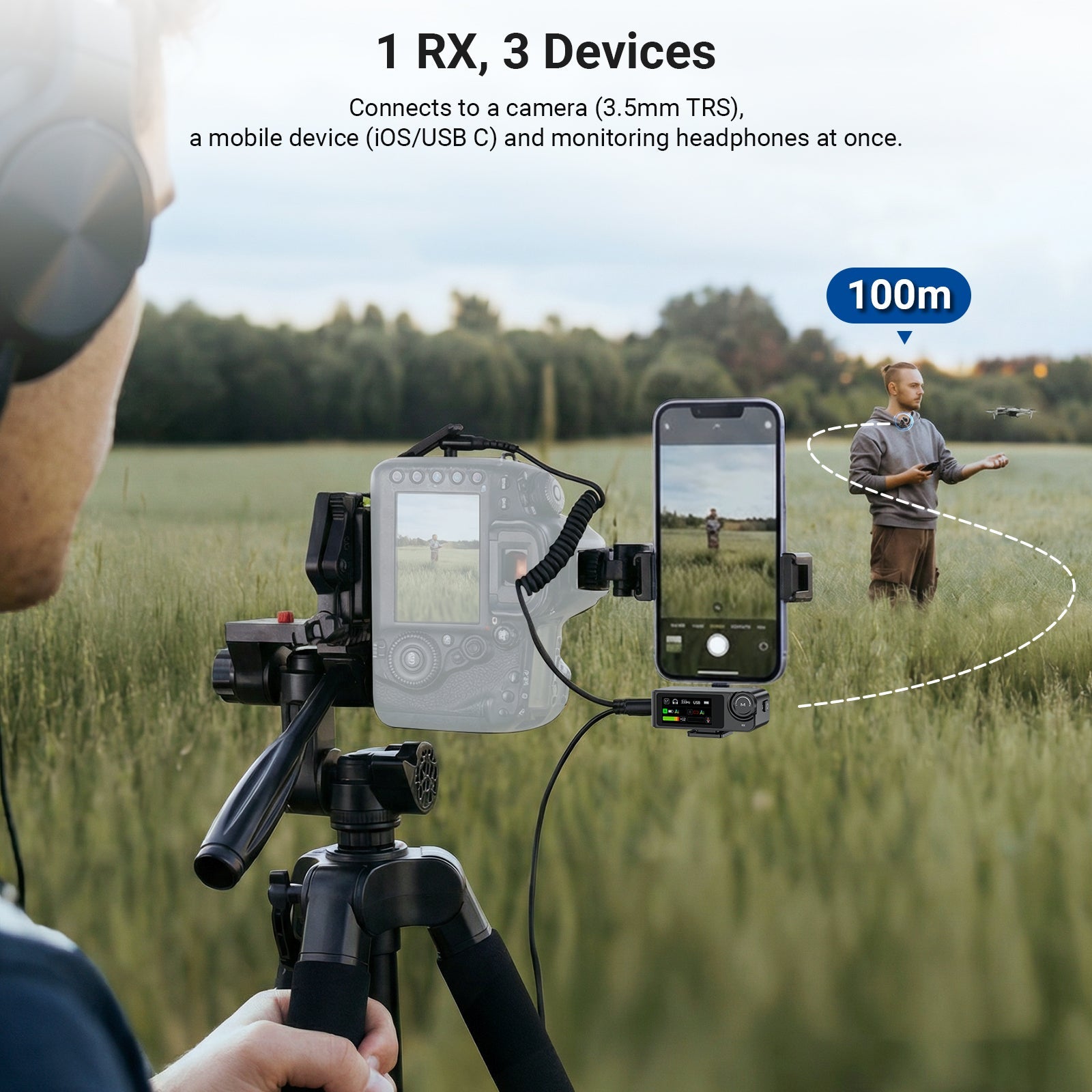 A content creator operates a camera and smartphone on a tripod, capturing footage of a man standing in a grassy field 100 meters away.