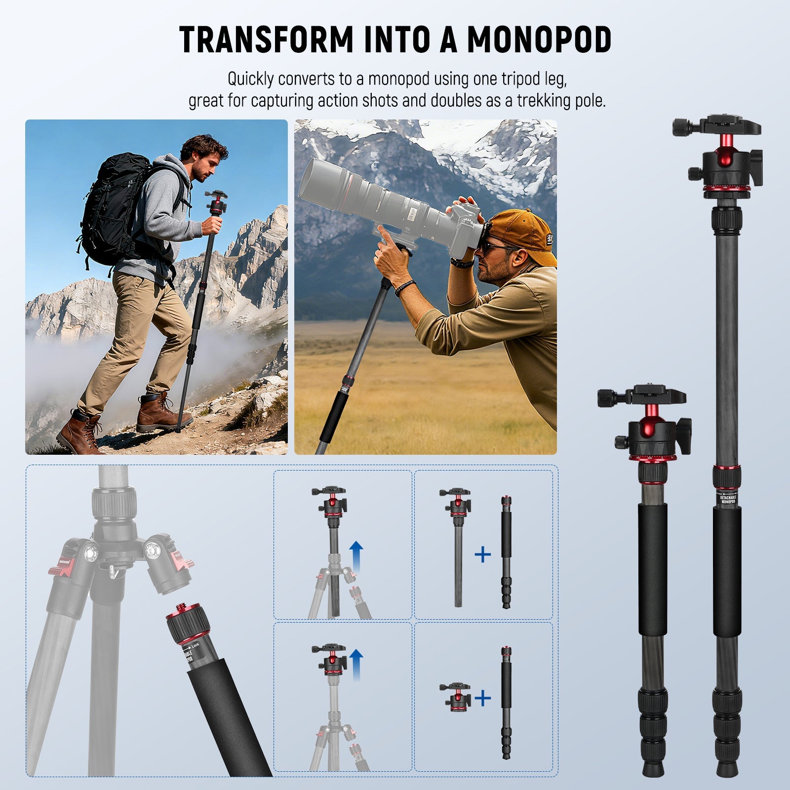 The reversible legs fold to 16.3" (41.5 cm), and easily transform to a monopod for on the go