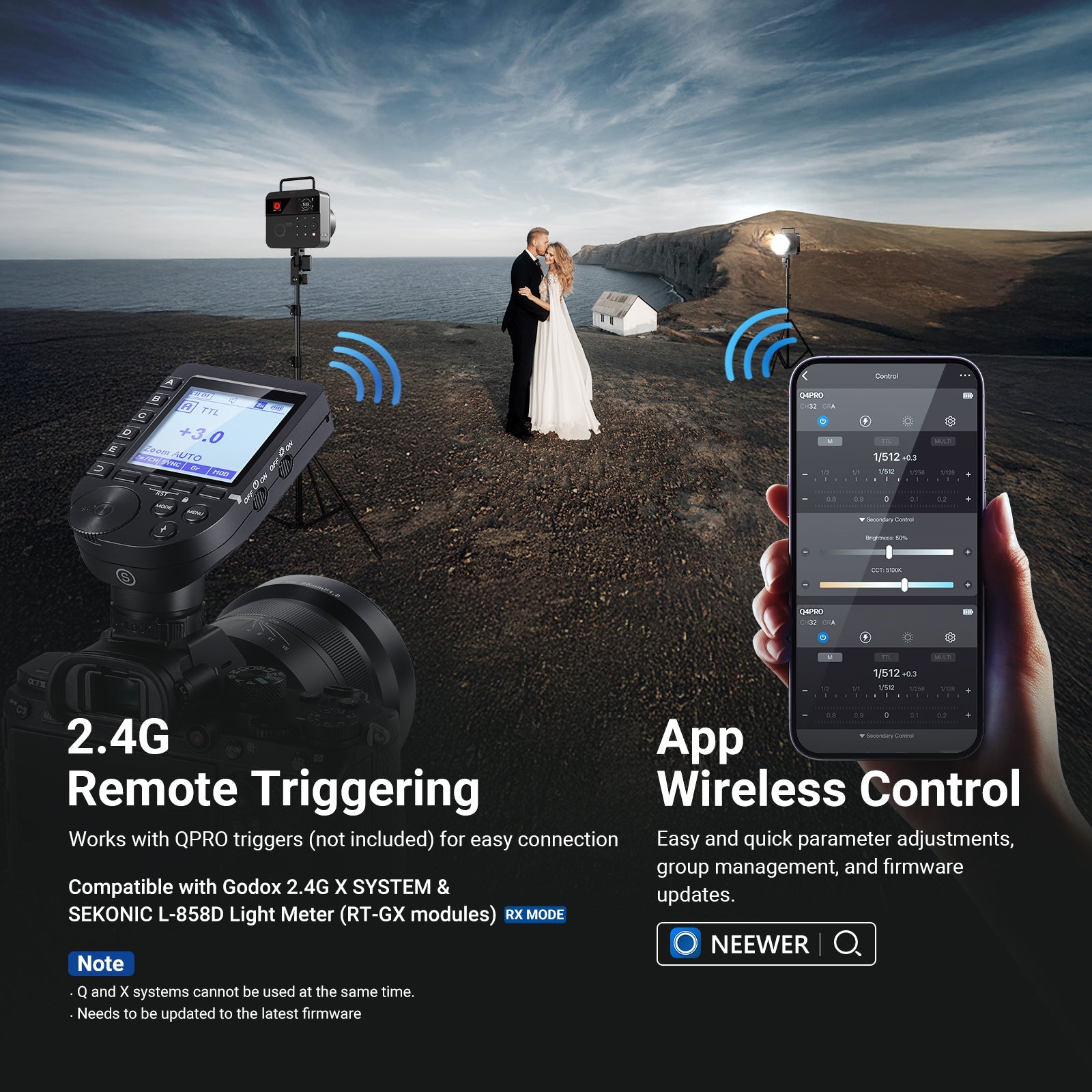 A couple used the NEEWER Q4PRO Outdoor Flash while taking their wedding photos outdoors.