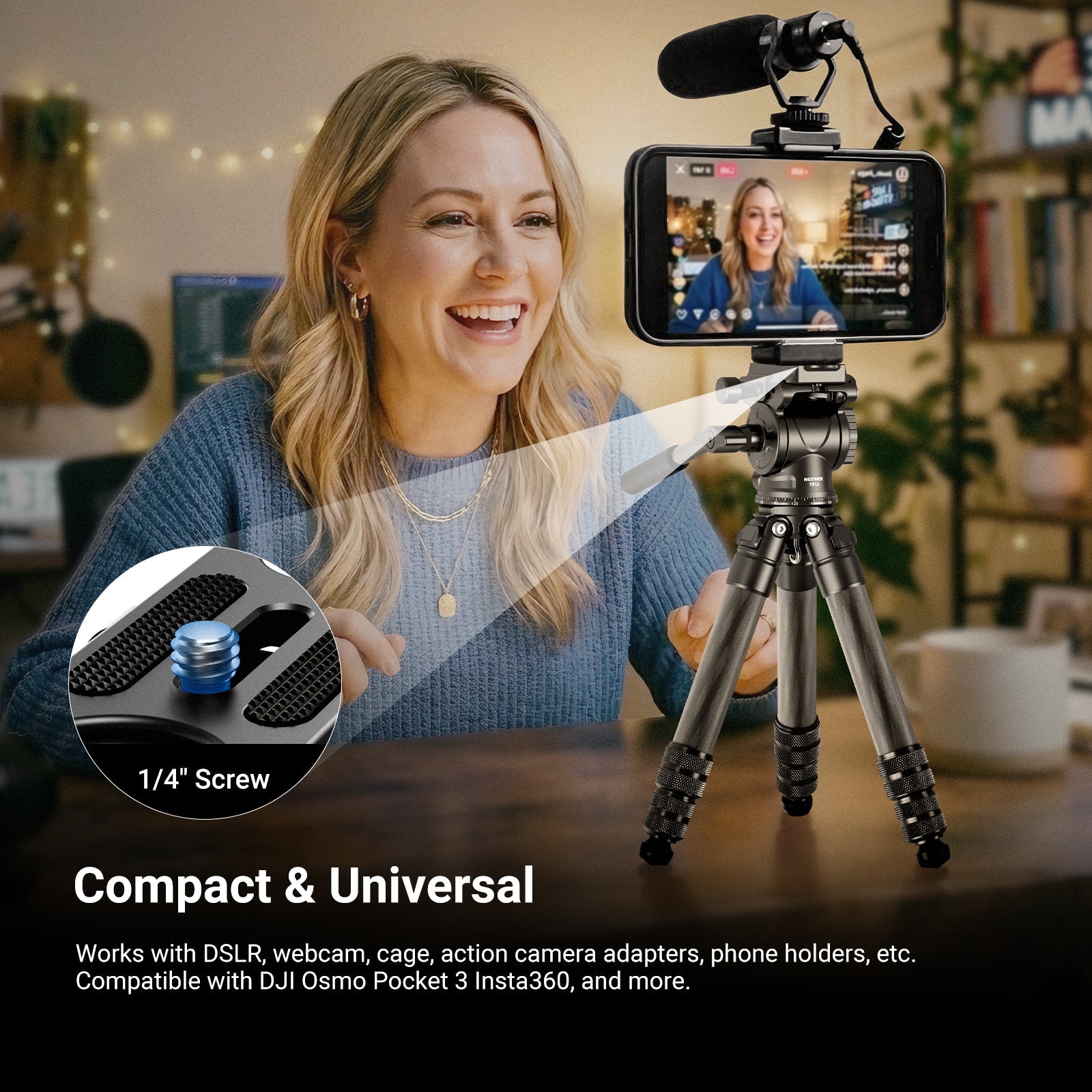 Blonde female content creator doing indoor live streaming with smartphone mounted on carbon fiber mini tripod equipped with standard 1/4 inch mounting screw and top microphone