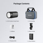 This package includes an outdoor strobe flash, a carrying bag, a diffuser, and more.