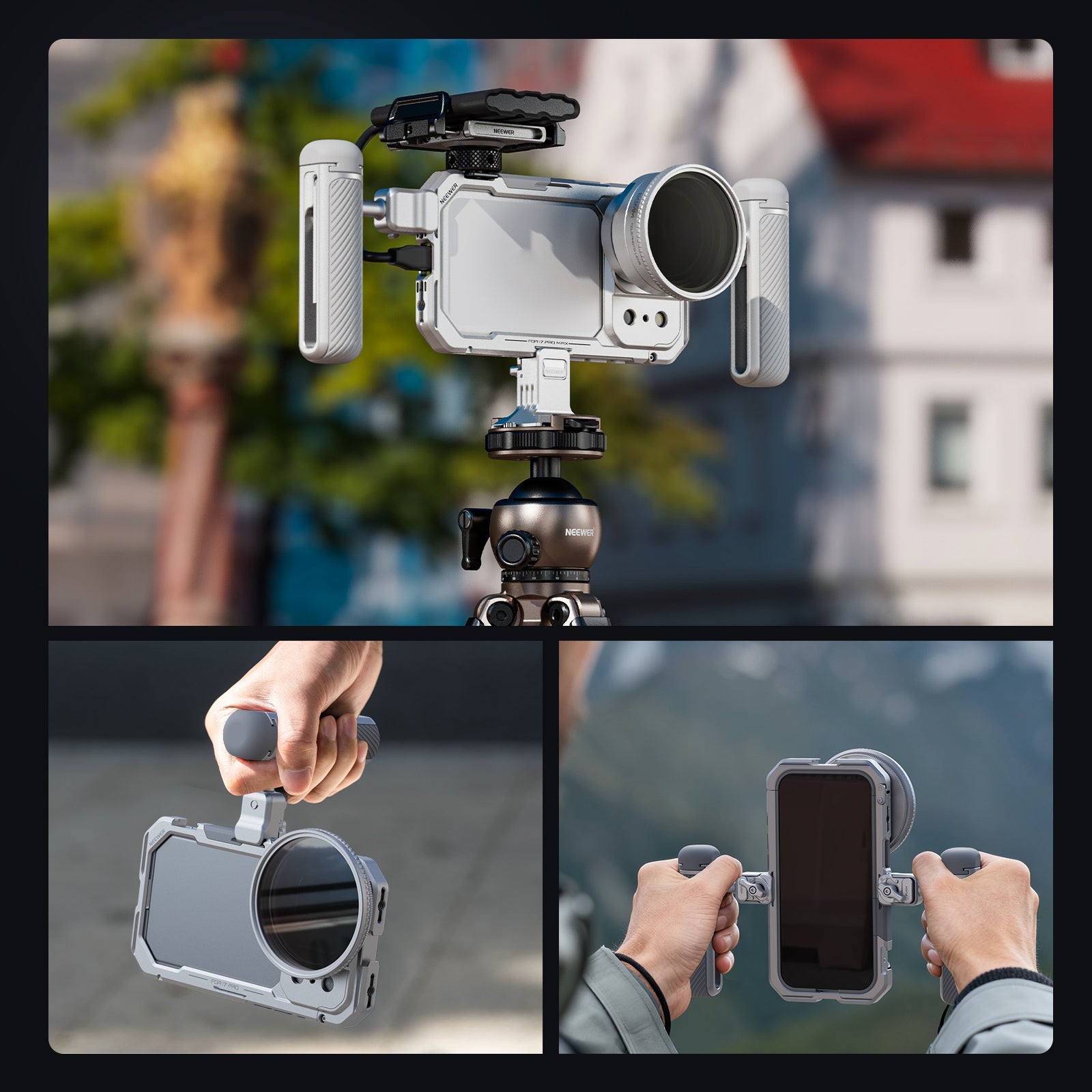 NEEWER PA144 Phone Cage Kit for iPhone 17 Pro Max can be used in a tripod and handheld.