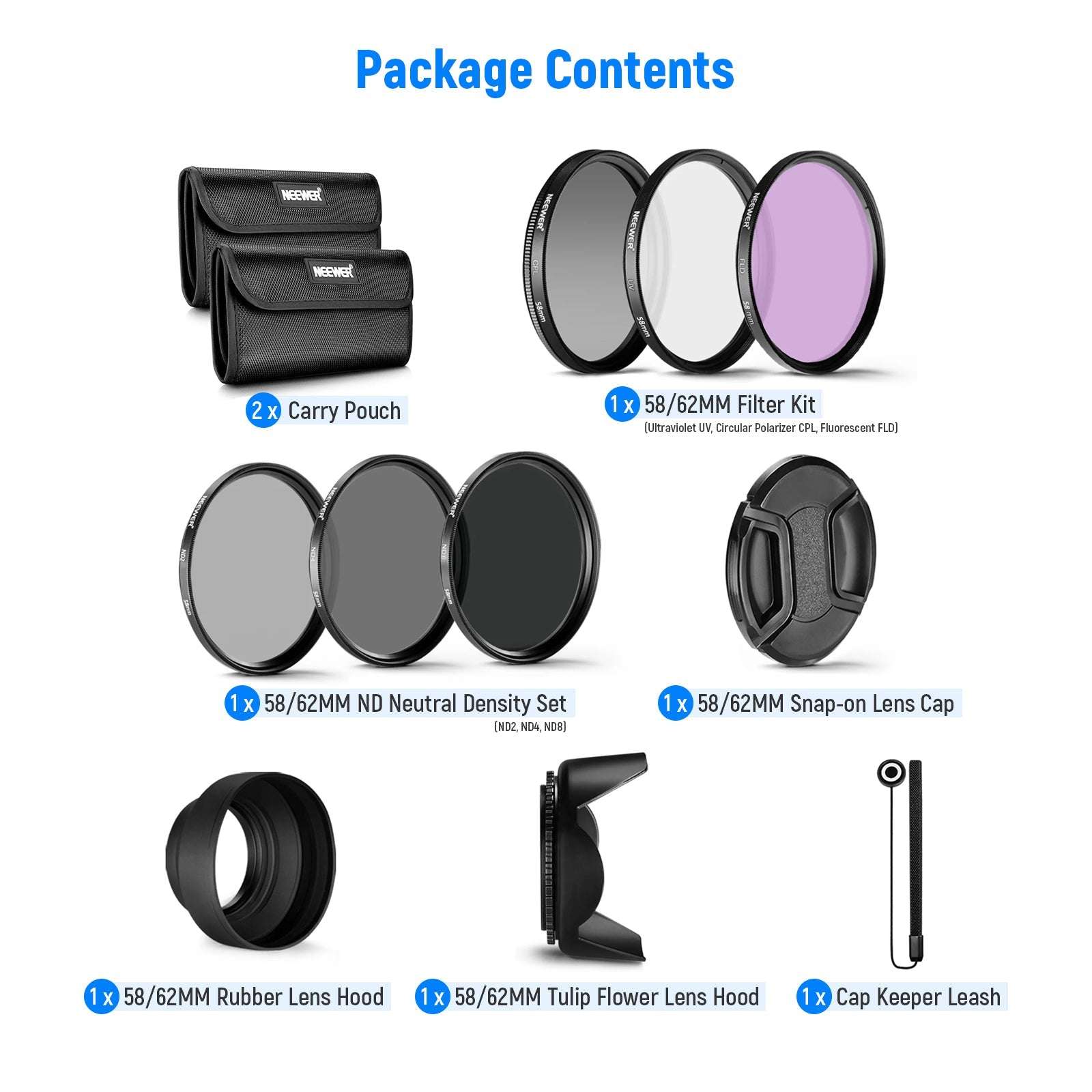 Neewer 58mm Filter Kit: UV, CPL, FLD, And ND2 ND4 ND8 Neutral Density Filters For Canon Rebel